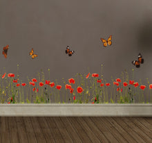Laden Sie das Bild in den Galerie-Viewer, Wandsticker Wandtattoo Bordüre Mohnblumen Schmetterlinge
