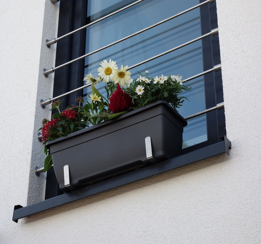 Blumenkastenhalterung mit Haltebügel f. Fensterbänke Edelstahl ohne Bohren